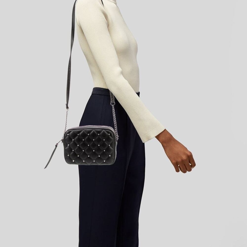 Rebecca Minkoff Black Faux Leather Diamond Quilted Studded Crossbody Bag